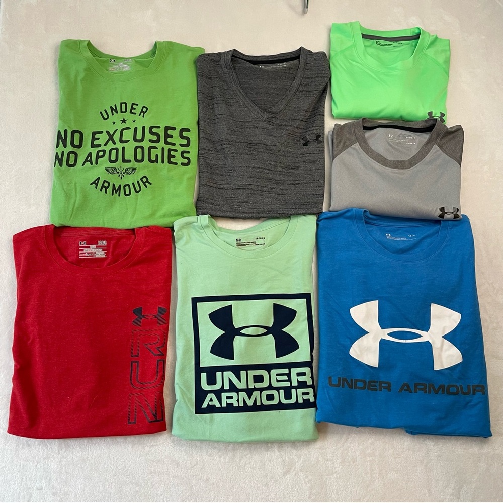Lot of 7 Men’s Sz L Under Armour Heat Gear Active Workout Running T Shirt Bundle